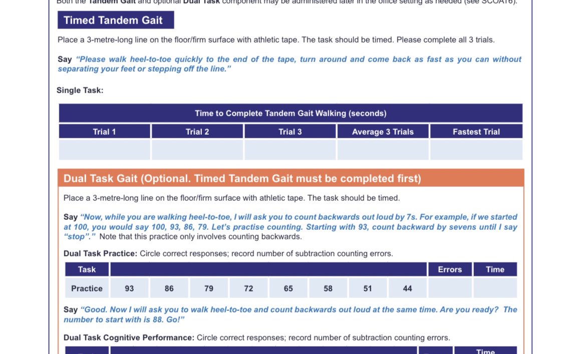 KatieHunzinger's tweet photo. Just had an AT call me for clarification on #SCAT6 tandem gait dual task. The ST instructions specify to walk 3m down AND back (as is done in the literature) but the DT instructions don’t clarify this (presuming people will use the same ST logic). https://t.co/J5dwiWJInj