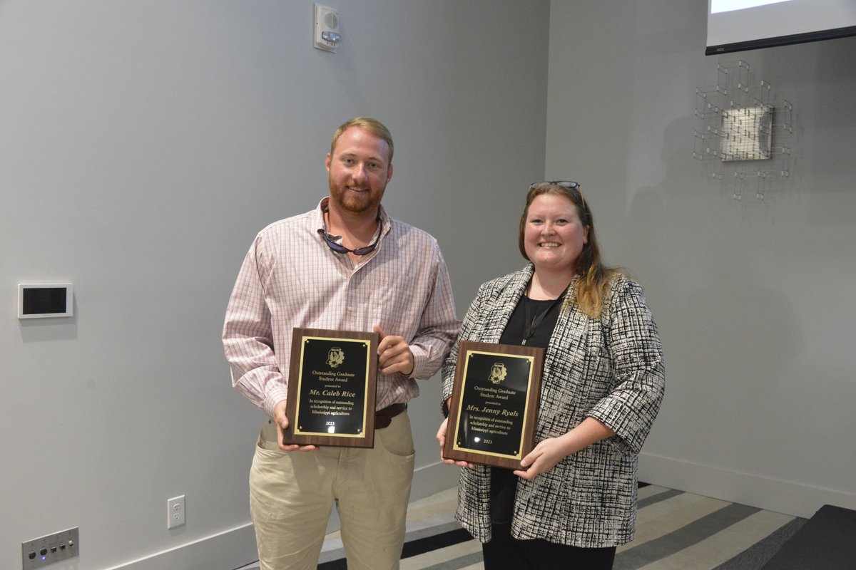 Congratulations to #MSUAg graduate students Caleb Rice and Jenny Ryals for receiving the Outstanding Graduate Student Awards from the Mississippi Agricultural Industry Council at last week's conference! 👏