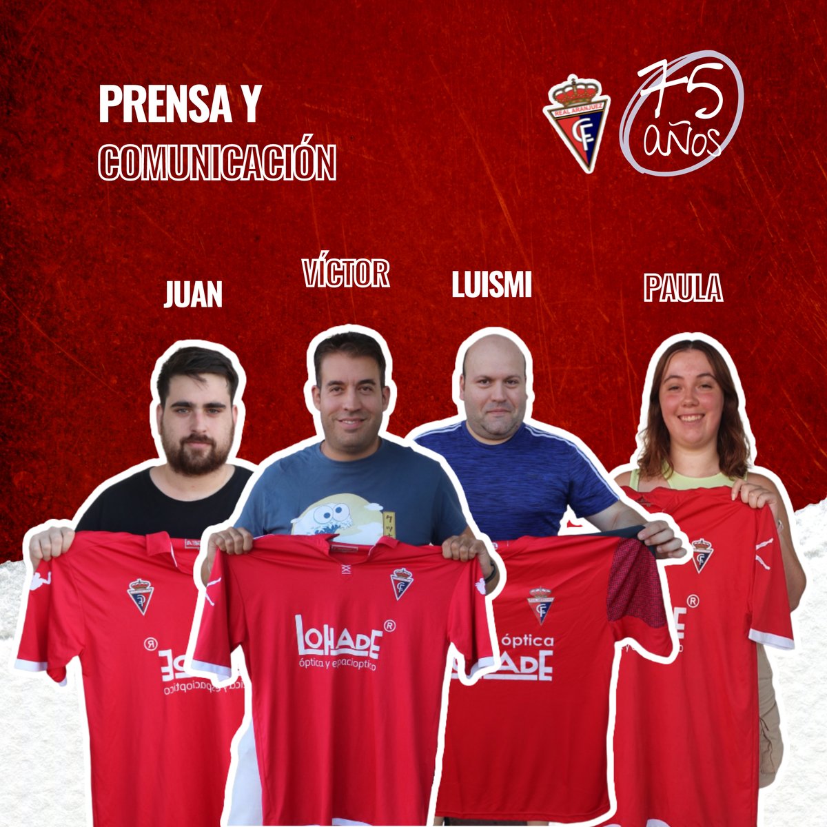 COMUNICACIÓN | Este es el equipo de Prensa y Comunicación del Real Aranjuez, el que trabaja por haceros llegar la información, pero sobre todo la ilusión del Club de nuestra ciudad. 

Víctor, Juan, Luismi y Paula.

#VamosAranjuez #OrgulloRibereño