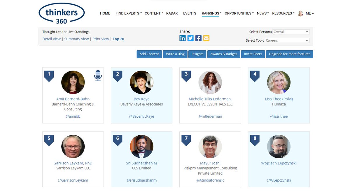 Thinkers360 (@thinkers360) on Twitter photo #Careers Thought Leader & Influencer Leaderboard (Live)
To view or participate (free) thinkers360.com/tl/users/signup
Feat.<a href="/amiibb/">Amii Barnard-Bahn</a> <a href="/BeverlyLKaye/">Beverly Kaye</a> <a href="/mtlederman/">Michelle T Lederman</a> <a href="/lisa_thee/">Lisa Thee</a> @GarrisonLeykam <a href="/srisudharshanm/">Sri Sudharshan.M</a> <a href="/DrAngelaChester/">DrAngelaButtsChester</a> <a href="/AdiGaskell/">Adi Gaskell</a> +
#technology #business #thoughtleadership #Careers Thought Leader & Influencer Leaderboard (Live)
To view or participate (free) thinkers360.com/tl/users/signup
Feat.<a href="/amiibb/">Amii Barnard-Bahn</a> <a href="/BeverlyLKaye/">Beverly Kaye</a> <a href="/mtlederman/">Michelle T Lederman</a> <a href="/lisa_thee/">Lisa Thee</a> @GarrisonLeykam <a href="/srisudharshanm/">Sri Sudharshan.M</a> <a href="/DrAngelaChester/">DrAngelaButtsChester</a> <a href="/AdiGaskell/">Adi Gaskell</a> +
#technology #business #thoughtleadership
