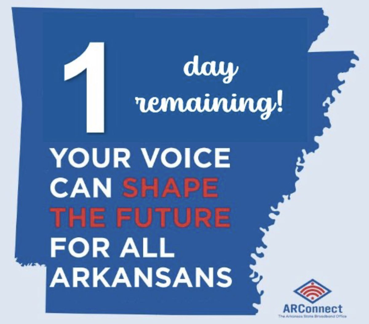 Today’s the last day to have your voice heard through <a href="/ARConnectASBO/">The Arkansas State Broadband Office</a>’s Digital Skills and Opportunity Survey! The survey will close tonight!

Survey link here: uark.qualtrics.com/jfe/form/SV_77….

#NaturallyConnected #ARConnect #ARCommerce #arpx #arleg #broadband
