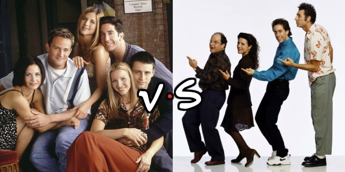 PaulAnleitner's tweet photo. The primary difference between Friends and Seinfeld is that while all the main characters in both shows are in a state of despair that Kierkegaard called the "aesthetic stage" of life, Seinfeld's writers are aware that their characters are in despair & are not moral exemplars.

This is why Seinfeld ends with the "heroes" all being sentenced to prison for their moral failures and selfishness while Friends concludes with characters finding their ideal spouse, moving out to the suburbs, and finding happily-ever-afters, all the while blissfully unware of their state of despair.