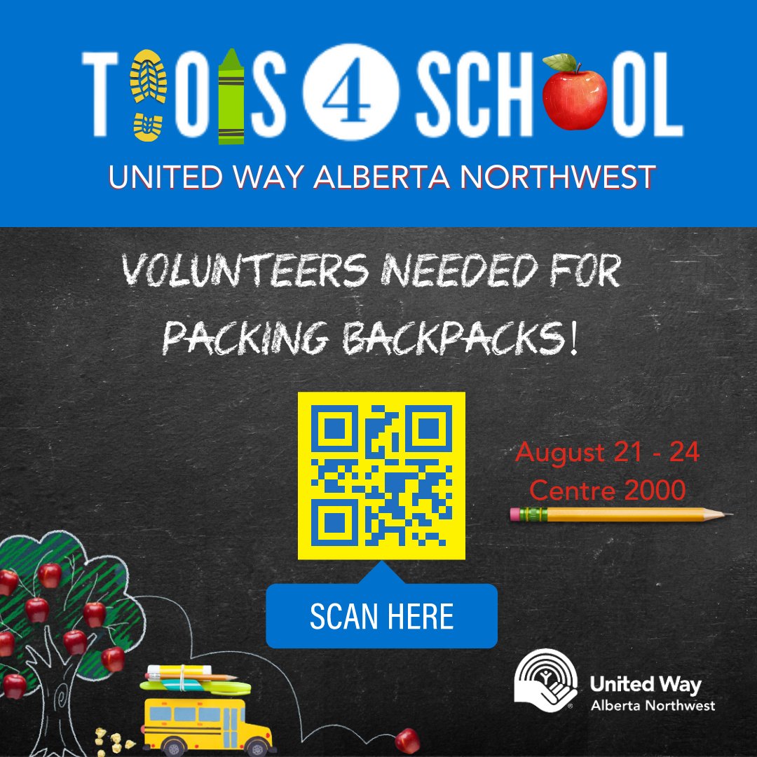 UnitedWayABNW's tweet photo. There are only a few spots left to come help our team pack backpacks for Tools for School, are you able to help for only a few hours?

Dates: Aug 21 – 24 Centre 2000

Come have some fun with the United Way team!

Scan the QR code or click here https://t.co/7H8GmFKEzA https://t.co/Nxwjs0eL2J