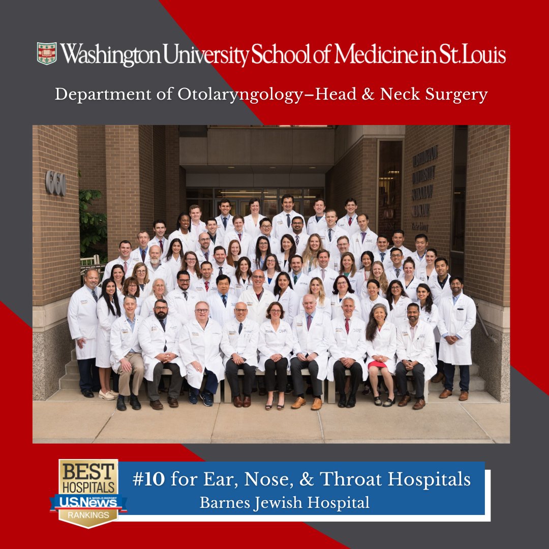 We are proud to announce that we have been ranked #10 Ear, Nose & Throat Hospitals by @USNewsHealth. This is a reflection of the hard work by our faculty and staff! Great job team! #WashUPhysicians #USnewsworldreport #ent #entdepartment #otolaryngology #washumedicine