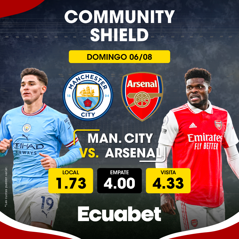 EcuabetOficial's tweet photo. 🍾 Se abre la temporada Europea. El Manchester City  y el Arsenal se miden por la Community Shield 🏴󠁧󠁢󠁥󠁮󠁧󠁿⚽

¿Quién se alzará con el primer trofeo de la campaña 🏆? ¿Los de Arteta o los de Pep Guardiola ⚔?