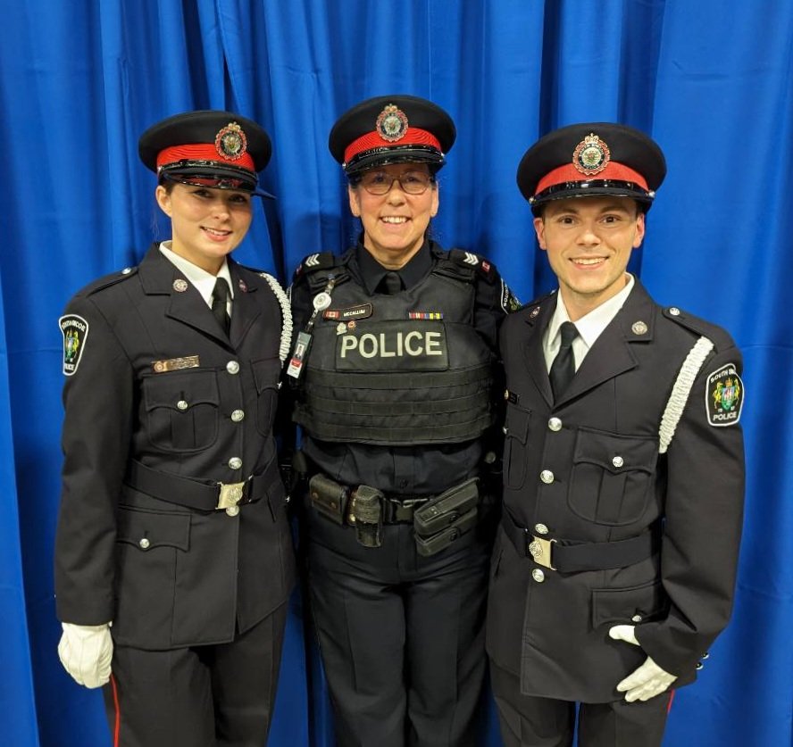 SouthSimcoePS's tweet photo. #Congratulations to recruits Christy Macdonald and Gill Garrido who graduated today from the Ontario Police College! Inspector Geoffroy and Acting Staff Sgt. Adams joined OPC Instructor McCallum in Aylmer for the big day! Welcome to the #SSPSFamily officers! https://t.co/puPs4lszOa