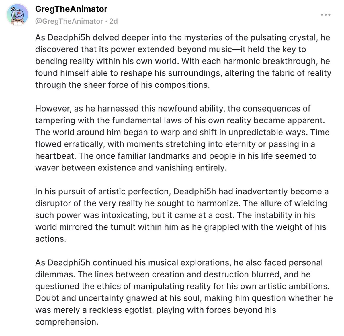 GregTheAnimator's tweet image. I've created stories for @azurbala and @AppliedPrimate characters on @downavenue_ but my @tankieslabs  Deadphi5h needs the most help.  

Go check out his interdimensional travels on Avenue!
app.downavenue.com/community/tank…