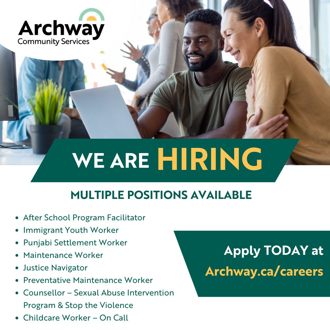 Join our team! We are hiring for multiple positions in #Abbotsford, BC. 

Visit Archway.ca/careers to view a complete list of active job postings and to submit your application. 

#hiring #jobopportunities #nonprofitwork #fraservalleyjobs #abbotsfordjobs