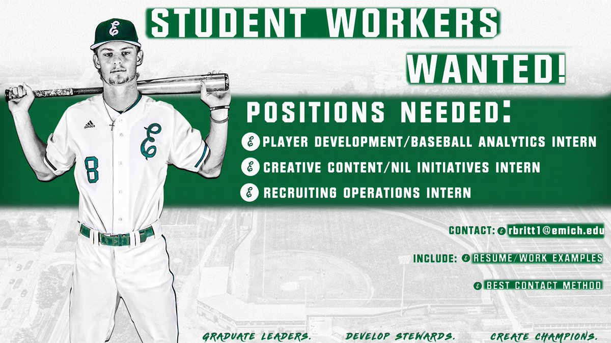 EMU_Baseball's tweet photo. 🚨STUDENT INTERNS WANTED🚨 

EMU Baseball is looking for motivated and hardworking students interested in the fields of: 
  
🟢Player Development/Analytics
🟢Creative Content/NIL Initiatives 
🟢Recruiting Operations  

#EMUEagles https://t.co/qwfTs2lp5E