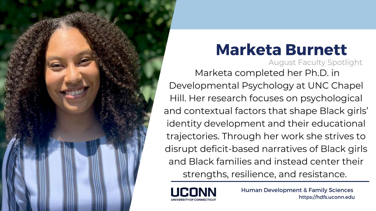 UConn HDFS (@uconnhdfs) on Twitter photo Prof Marketa Burnett, one of our newest assistant professors jointly appointed with the Africana Studies Institute, is our August Faculty Spotlight! Learn more about her here: bit.ly/45dCYdQ
<a href="/UConnCLAS/">UConn CLAS</a> <a href="/AFRAUConn/">UConn Africana Studies Institute</a> Prof Marketa Burnett, one of our newest assistant professors jointly appointed with the Africana Studies Institute, is our August Faculty Spotlight! Learn more about her here: bit.ly/45dCYdQ
<a href="/UConnCLAS/">UConn CLAS</a> <a href="/AFRAUConn/">UConn Africana Studies Institute</a>