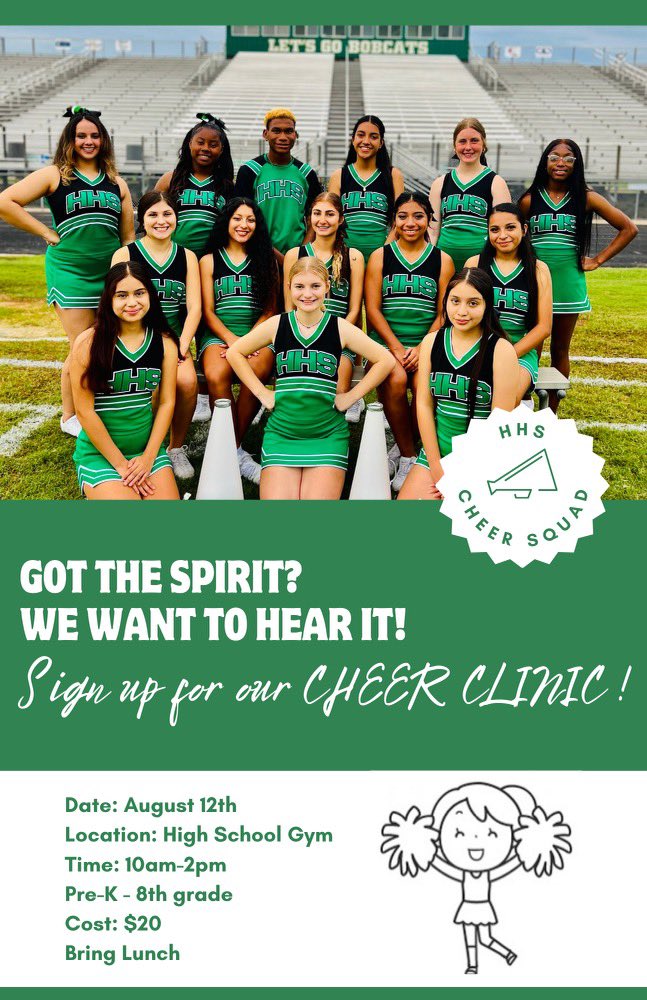 Our MS and HS cheerleaders are getting ready for some football!  Come join them for a clinic and you can be too!