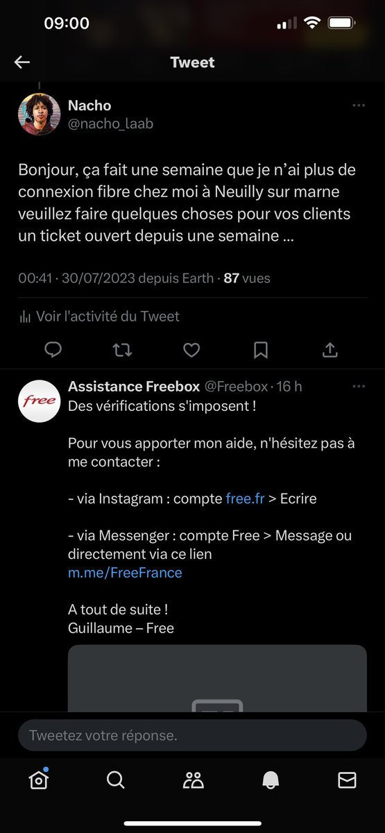 nacho_laab's tweet photo. @FreeLigue1 @free @Ludovic_Giuly @alexandreruiz @riomavuba @AuroreJTdesJT Panne générale du réseau free à Neuilly sur marne depuis 1 semaine.  Les techniciens travaille dessus depuis des jours. Est-ce c’est le réseau fibre de free qui est défaillante ou l’installation Fibre de la ville faites par @SFR  @free  @Zart_b ? Je veux juste internet https://t.co/IAQrdxr3DU