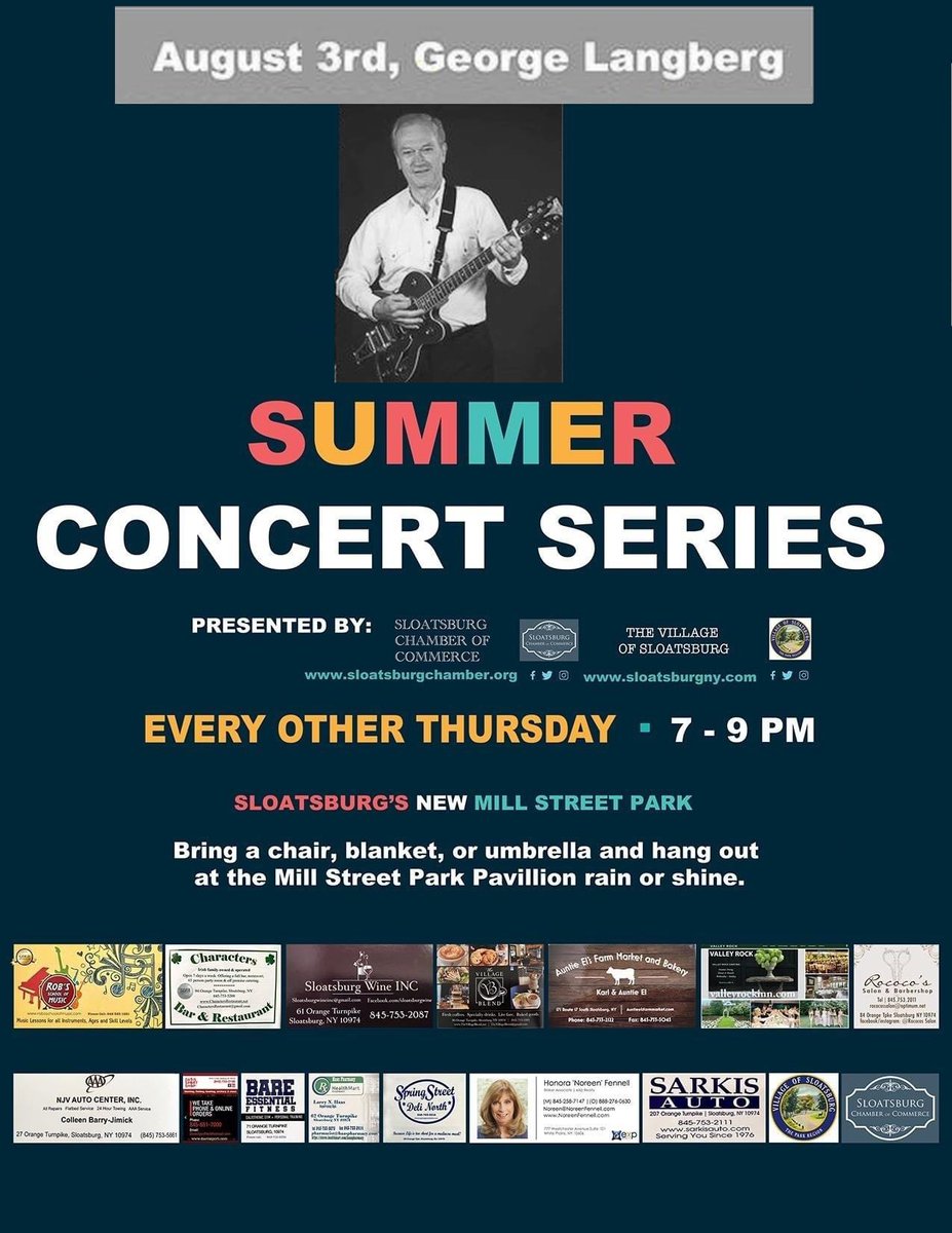 It's tomorrow!
Please join us for the next Summer Concert in Sloatsburg!
August 3rd - George Langberg

The location is Mill Street Park by the Sloatsburg Train Station, rain or shine.

From 7 pm to 9 pm.

Bring a chair to relax and enjoy the sounds with friends and neighbors!