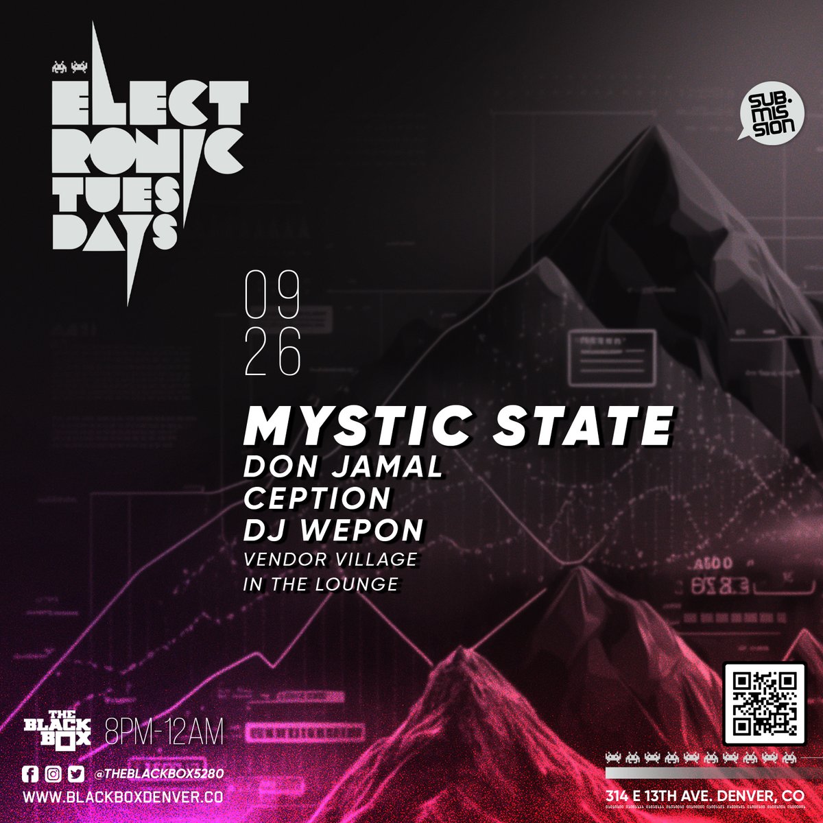 Battle Announcement!
--
09.26 (The Black Box)
<a href="/subdotmission/">Sub.mission</a> Electronic Tuesdays:
<a href="/_mysticstate/">Mystic State</a> 

Battlers:
<a href="/DonJamalMusic/">Jamal</a>, <a href="/ceptionsounds/">ception</a>, <a href="/DjWeap0n/">weston davis</a>
--
Tickets on-sale now!
bit.ly/SubmissionSep26