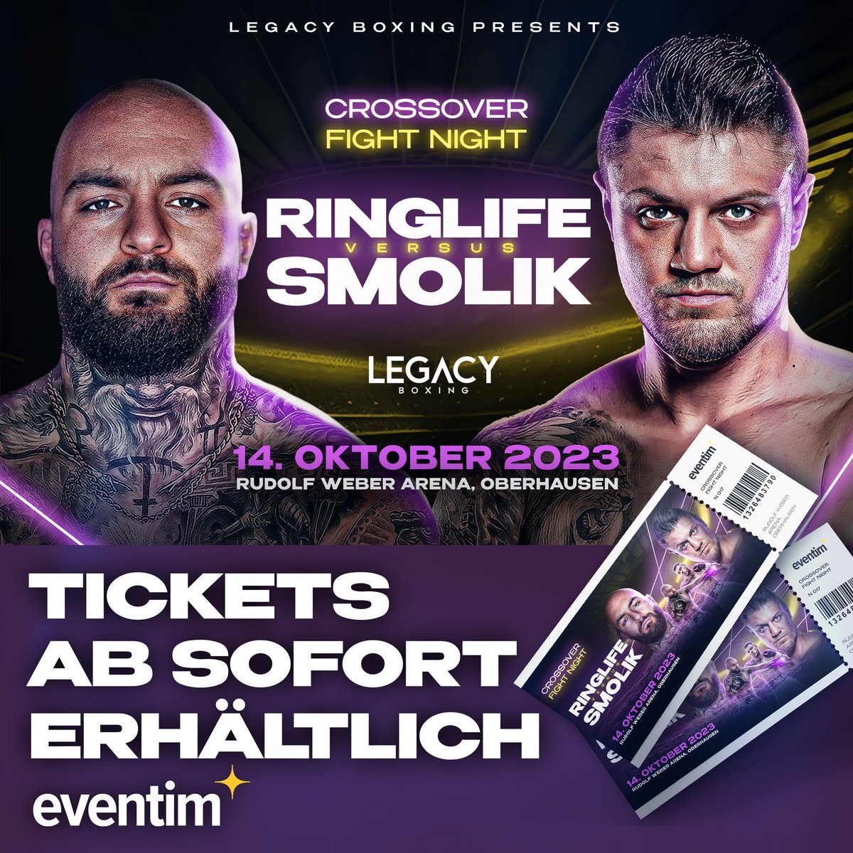 Tickets ab sofort auf eventim.de und an allen bekannten Vorverkaufsstellen erhältlich. 

Sichert euch jetzt die besten Plätze für die Legacy Crossover Fight Night 🥊 am 14.10.2023 in der Rudolf Weber ARENA. 

Link zu den Tickets in unserer Bio!