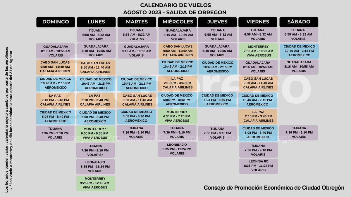 AGOSTO 🌞🏖️
Consulta nuestro calendario de vuelos con salidas desde el #Aeropuerto #Internacional de #CiudadObregón! Puedes comprar tus boletos y consultar horarios en las páginas de las aerolíneas <a href="/viajaVolaris/">Volaris</a> <a href="/VivaAerobus/">Viva</a> <a href="/Aeromexico/">Aeroméxico</a> <a href="/calafiaairlines/">Calafia Airlines</a>

#Viajes #Vuelos #Turismo