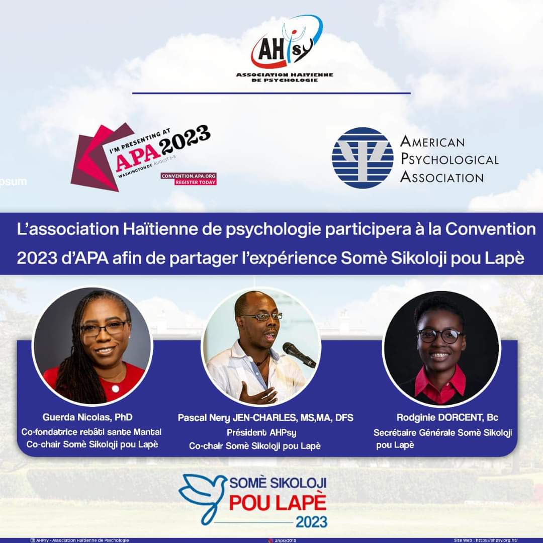 Our president is excited to announce that he has been selected to present his work at #APA2023 August 5 ! His presentation is on Experience Leading this First Peace Psychology Summit in Haiti. 
Register now to join me! You belong at #APA2023. Convention.apa.org.
<a href="/PascalNery/">Pascal Nery Jean-Charles, MS,MA,DFS</a>