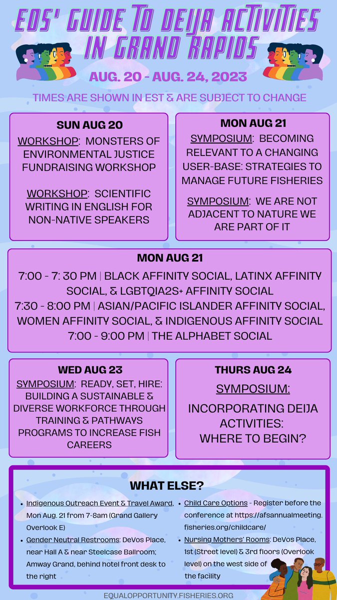 AFS_EqualOpp's tweet photo. There are tons of diversity, equity, inclusion, justice, and advocacy (DEIJA)-related events to attend at this year's 153rd Annual AFS meeting.  Here's a quick guide on what events are coming up in Grand Rapids! https://t.co/MB0Dy2QgqW
