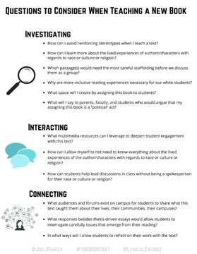 If you are looking to update your syllabus or classroom library, check out this resource <a href="/JoelRGarza/">Joel /hō•ÉL/ Garza is cofounder of #THEBOOKCHAT 📓</a> and I created for #THEBOOKCHAT in collaboration with @NCTE Committee Against Racism and Bias in the Teaching of English #CARBTE 

Click here: drive.google.com/file/d/1rtI34_…