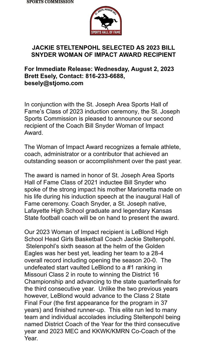 TommyMWSU's tweet photo. NEW: ⁦@StJoMoSports⁩ announces ⁦@LadyLeblond⁩ coach Jackie Steltenpohl as the second ever winner of the Bill Snyder Woman of Impact Award.

Steltenpohl, a 2011 LeBlond grad, led the Golden Eagles to a runner-up finish in Class 2 GBB this past March. https://t.co/I7TNvLztAj