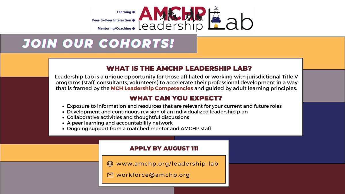 Are you or someone you know looking for a professional development opportunity? Look no further! 

AMCHP's Leadership Lab is now recruiting for 5 unique cohorts that run concurrently from September 2023 through May 2024. Apply by August 11! amchp.org/leadership-lab