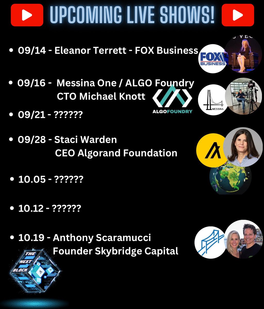 New lineup! @SebastienGllmt of @PaimaStudios @BenedettoBio of @FolksFinance @mknottFoundry of @algo_foundry & @MessinaOne @DouglasTuman of @MoneroTalk @algorandcasino @stefanix of @deflyapp @EleanorTerrett of @FoxBusiness @StaciW_DC of @AlgoFoundation @Scaramucci of @SkyBridge…