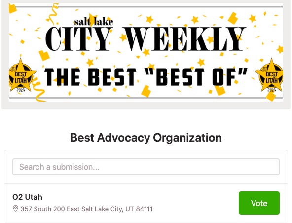 Municipal elections are soon...but <a href="/CityWeekly/">Salt Lake City Weekly</a> elections are now!

✅Vote O₂ Utah for Best Advocacy Organization: cityweekly.revfluent.com/bestof/portal/…