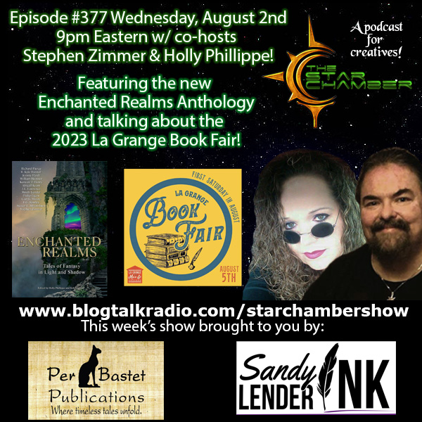 On our affiliated podcast the <a href="/StarChamberShow/">Star Chamber Show</a> tonight! 

Discussing the new Enchanted Realms Anthology and the 2023 La Grange Book Fair!  

show page can be found at: blogtalkradio.com/starchambersho…

#writing #writingcommunity #podcast