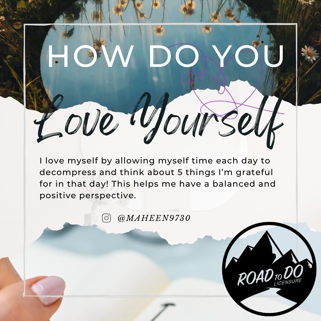 NBOME's tweet photo. How do YOU love yourself? This #WellnessWednesday, discover new ways to do just that with advice from other DO students. #WeeklyWellnessChallenge #RTDOL #RoadtoDOLicensure #CandidateWellness https://t.co/ENU655Yo1K