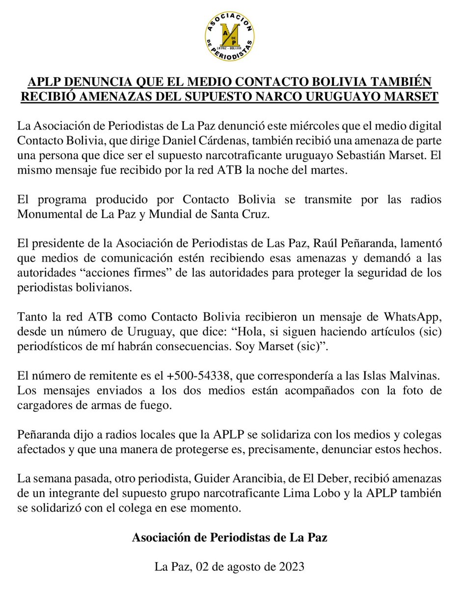 ContBolivia's tweet image. La #APLP denuncia que #ContactoBolivia que se transmite por radio Monumental de #LaPaz y Mundial de #SantaCruz también recibió amenazas del supuesto narco uruguayo #SebastiánMarset. Raúl Peñaranda demandó a las autoridades "acciones firmes" para proteger a los periodistas.