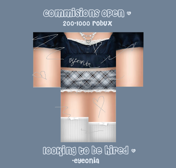 EyeoniaRoblox's tweet photo. looking to be hired + coms open!!!
send me a dm in twitter, I'm looking forward to talking :)

#ROBLOX #RobloxDev #robloxart #RTC #commissionsopen #LikeForLikes #robloxclothing https://t.co/TIKfXNka9X