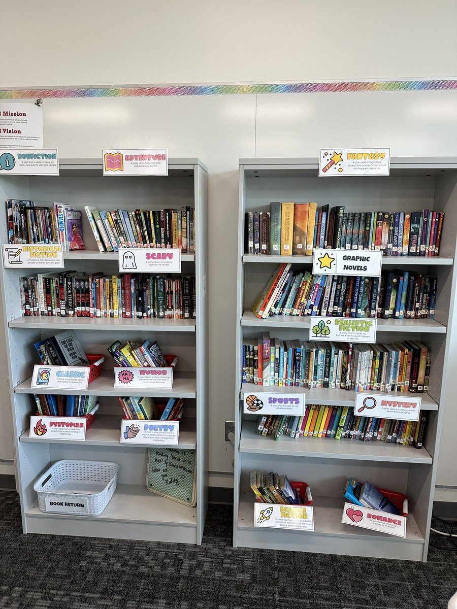 Classroom Library Genre-ified!! Big thanks to <a href="/msflybrarian/">KaLeah Hicks</a> for the new books and advice! #RELARocks #KMSCougarPride 📚🐾❤️