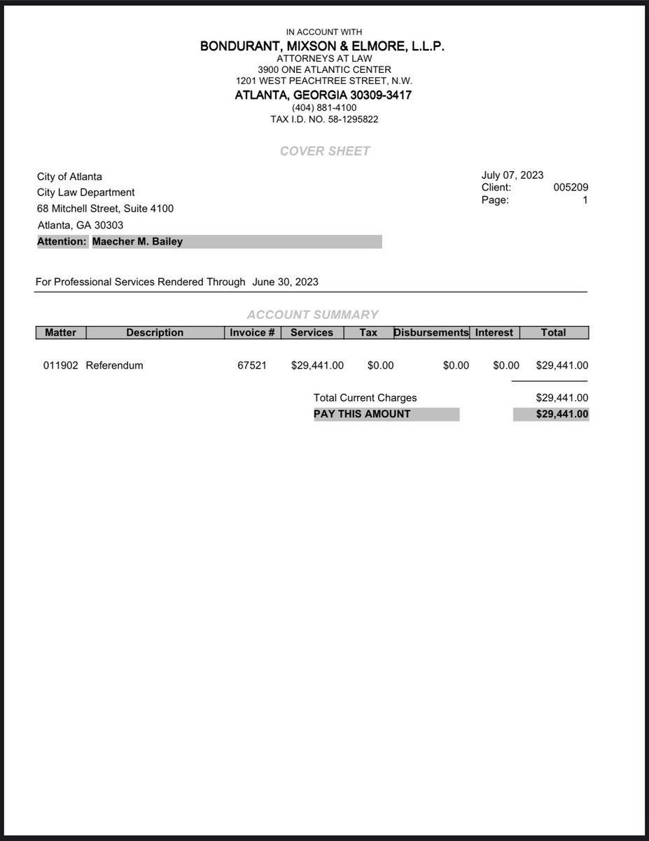 marisapk's tweet photo. I was curious how much the City of Atlanta is spending to fight the @CopCityVote referendum in court. From the response to my ORR, they paid Bondurant Mixson over $29,000 in June, BEFORE the lawsuit on residency requirements was files. July’s bill is almost certainly much higher. https://t.co/aFH2dYPSVx