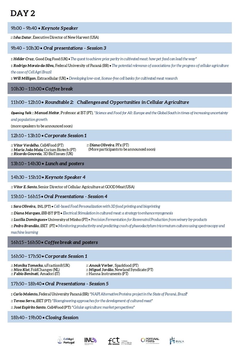 👉👉The Programme of the 1st International Conference in Cellular Agriculture in Portugal is out! Join us cellagri.pt/conference.html
 <a href="/INLnano/">INL</a> <a href="/Carlos_AVRod/">Carlos Rodrigues</a> <a href="/NewHarvestOrg/">New Harvest</a> <a href="/GoodFoodInst/">The Good Food Institute</a> <a href="/GoodFoodEurope/">The Good Food Institute Europe</a> <a href="/GoodFoodScience/">Good Food Science 🔬</a> <a href="/mosa_meat/">Mosa Meat</a> <a href="/GOODMeat/">GOOD Meat</a> <a href="/tufts/">Tufts University</a> <a href="/esa/">European Space Agency</a> <a href="/S2AQUAcoLAB/">S2AQUAcoLAB</a> <a href="/UMinho_Oficial/">Universidade Minho</a>