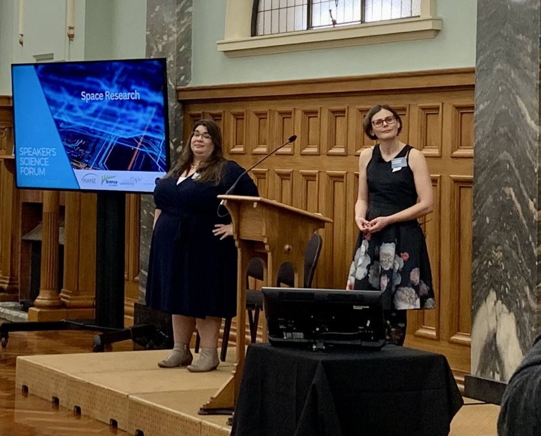 royalsocietynz's tweet photo. Sara Mikaloff-Fletcher @SaraMikaloff @NIWA_NZ &amp; Michele Bannister @astrokiwi @UCNZ presented their pioneering space research to MPs at the Speaker’s Science Forum last night.
They discussed the govt's first satellite mission, MethaneSAT, for precision sensing of methane emissions https://t.co/4zoIk7uepQ
