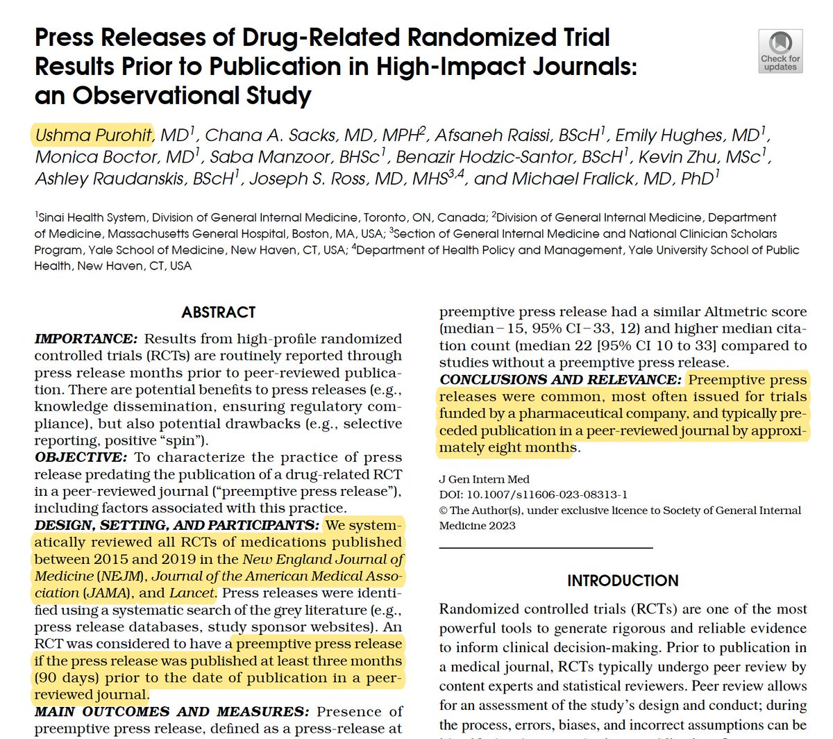 FralickMike's tweet photo. Congrats to all-star @UshmaPurohit for leading this work. Among high impact journals, ~20% of RCTs had a press-release prior to publication [~250 days before] and most common (OR=13) for drug company funded studies. link here: 1/2 https://t.co/Y9JuCDTEL7 https://t.co/7aioilckUD