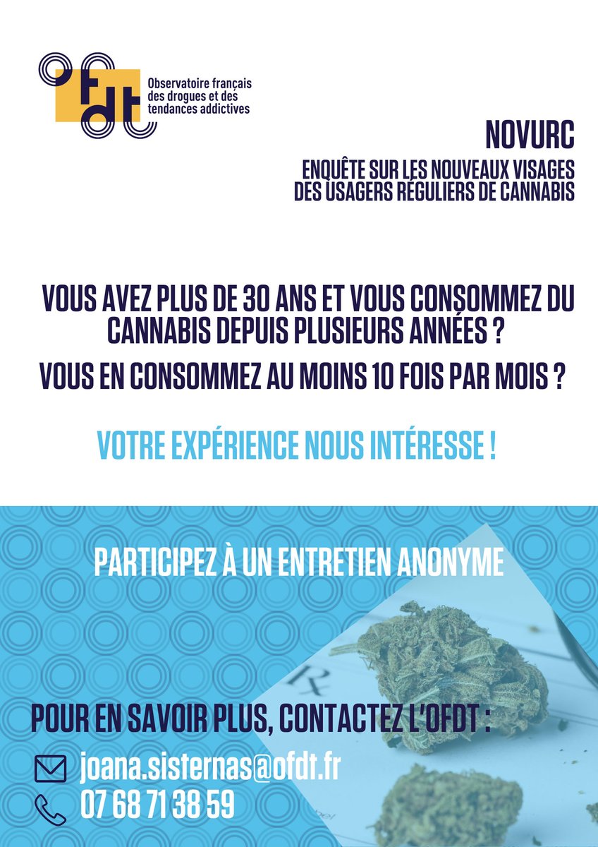 collectifPCP's tweet image. Salut le peuple de l&apos;herbe,
L’@OFDT souhaiterait mener des entretiens anonymes avec des consommateurs réguliers de #cannabis de plus de 30ans +au moins 10x par mois +depuis plusieurs années.
Infos → ofdt.fr/enquetes-et-di…
contact ↓