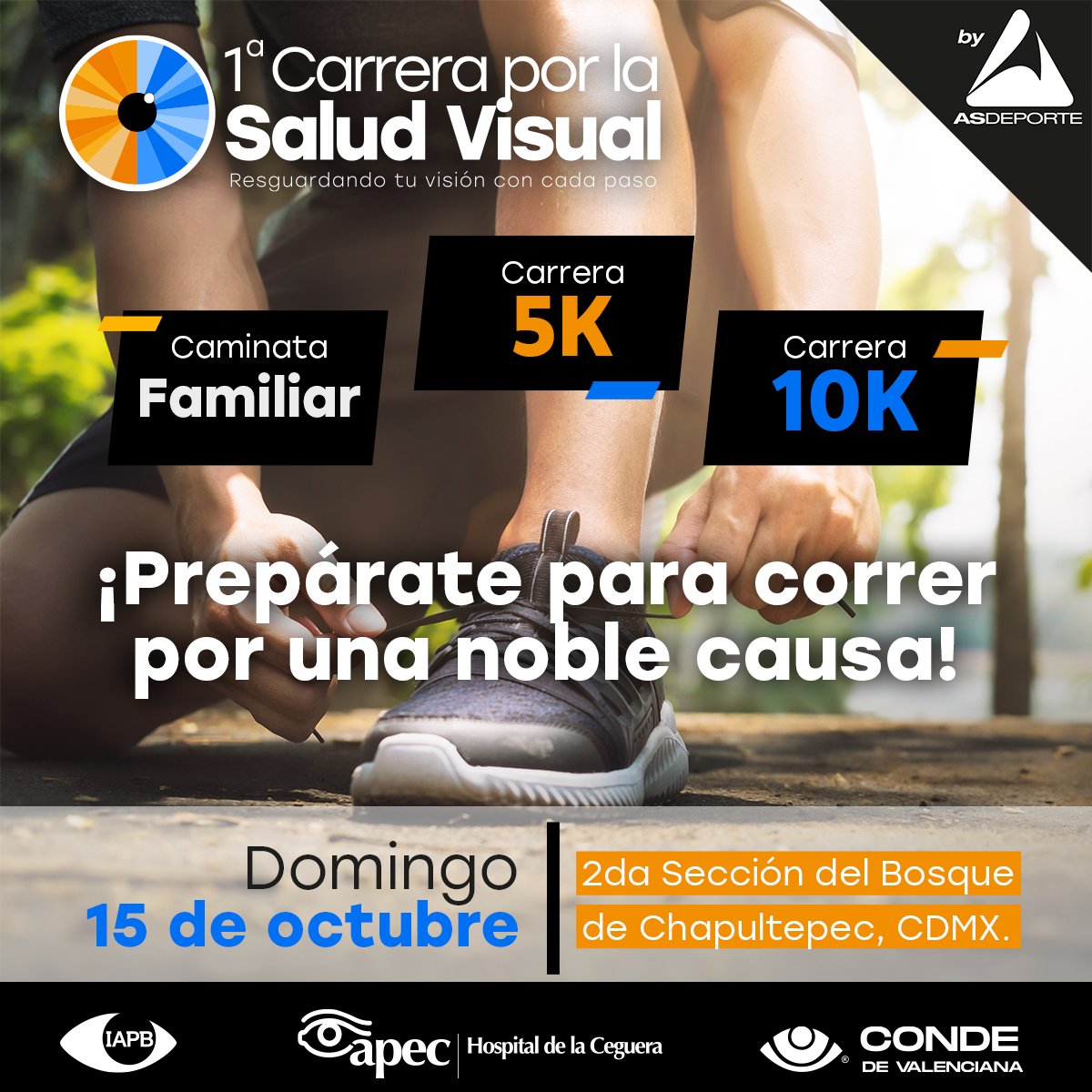 Es momento de calentar, entrenar y correr en la #1ªCarreraPorLaSaludVisual

📅 Domingo 15 de octubre
 📍 Ciudad de México, CDMX

¡Aparta tu lugar!

Carreras 5K y 10K: $450* 
Caminata Recreativa 3K: $300*

*Más costo por servicio en inscripciones por internet