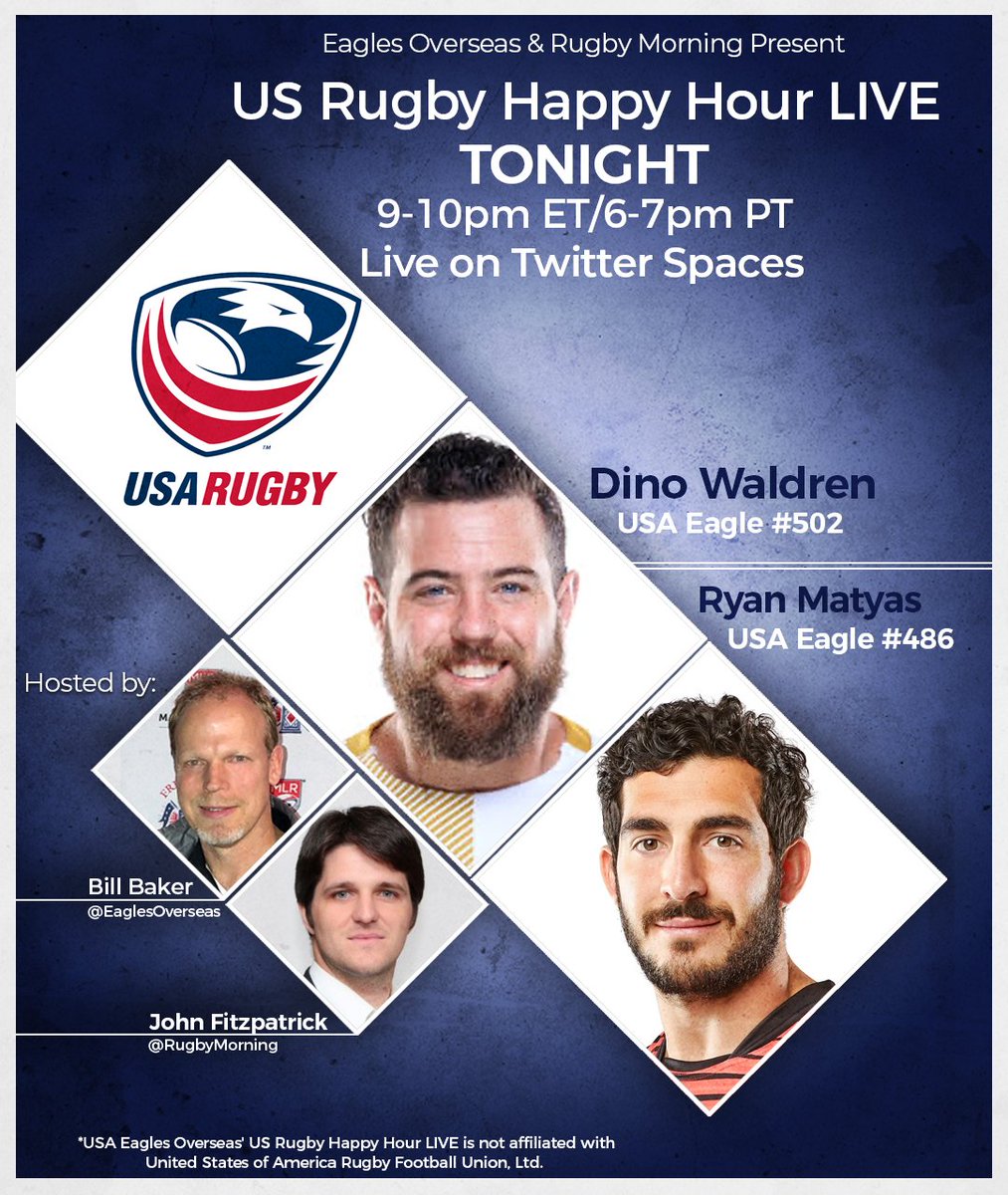 We're walking through the US Rugby Happy Hour LIVE pub doors in a few hours. Grab a seat, lets talk with @RyanMatyas1 and Dino Waldren about their careers and @USARugby! Join the conversation LIVE! #TwitterSpaces ⏰ Wednesday, 9:00pm ET/6:00pm PT 📱twitter.com/i/spaces/1kvKp…