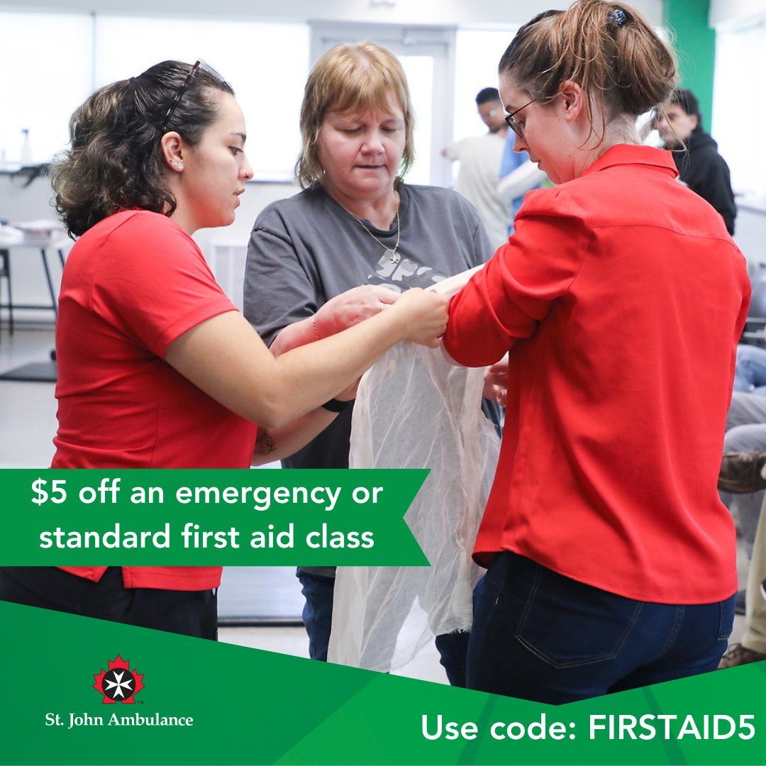 SJA_Canada's tweet photo. We offer a large selection of first aid classes; there is truly something for everyone at SJA. Get $5 off an emergency or standard first aid class when you use the code FIRSTAID5. Sign-up here: https://t.co/HJKO1hc7ot
#FirstAidTraining #FirstAid #FirstAidClass #StJohnAmbulance https://t.co/za0O1qSoxo