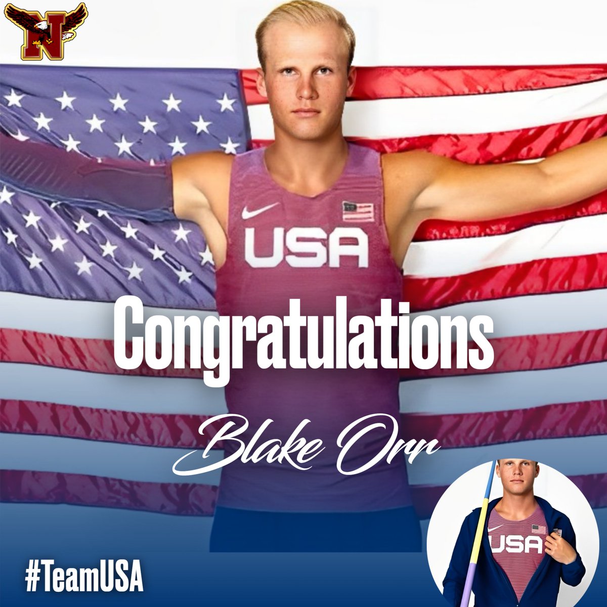 Former @Niceville_FB WR and @NicevilleTrack star, Blake Orr of @FIUTrackXC threw his best 62.30m (204-5), to finish 3rd place in the men's U20 javelin #TwoClaps for @blakeorr24. Blake is an alternate at worlds as they head to Puerto Rico! #TheFlyinN