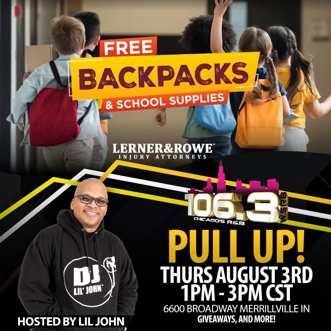 1063Chicago's tweet photo. Meet @DJLILJOHNUSA and the street team tomorrow at @LernerandRowe’s Free 1,000 backpack giveaway at Dean &amp; Barbara White Community center located 6600 Broadway in Merrillville IN from 1-3p! Come for food, fun, and enter for a chance to win tickets and more! https://t.co/BH4S0GrQB7