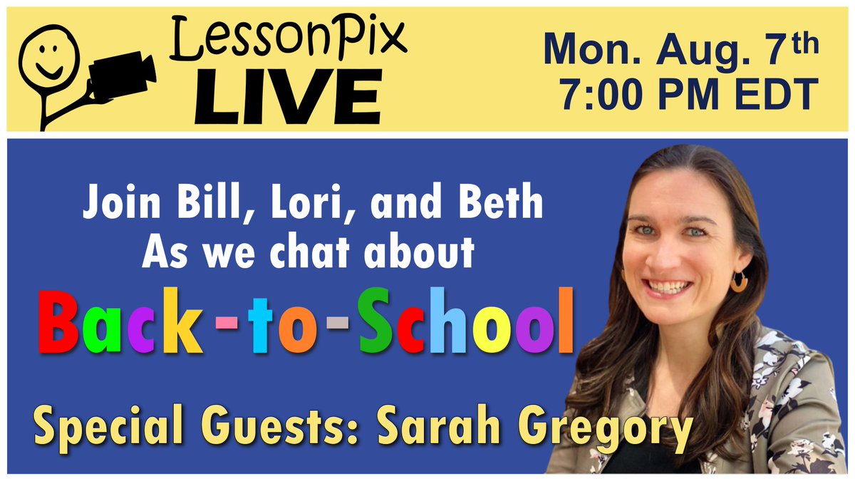 Join us Monday at 7pm EDT as we welcome @SarahGregorySLP to LessonPix Live! We'll cover new goodies plus some great ways to simplify your school year using Pre-Made materials from LessonPix! Facebook: facebook.com/events/9970370… YouTube: youtube.com/watch?v=QRVjYf… #ATChat #slpeeps