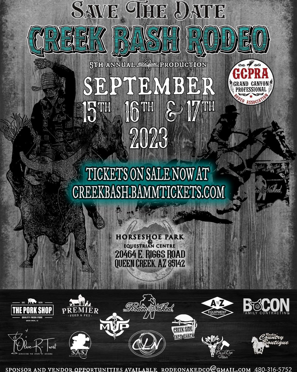 riderodeonaked's tweet photo. Ladies and Gentlemen Save the Date Rodeo Naked's 5th Annual Creek Bash is back September 15th 16th &amp; 17th at Horseshoe Park in Queen Creek, AZ #RodeoNaked #CreekBash #Rodeo https://t.co/LqFuLW97oN