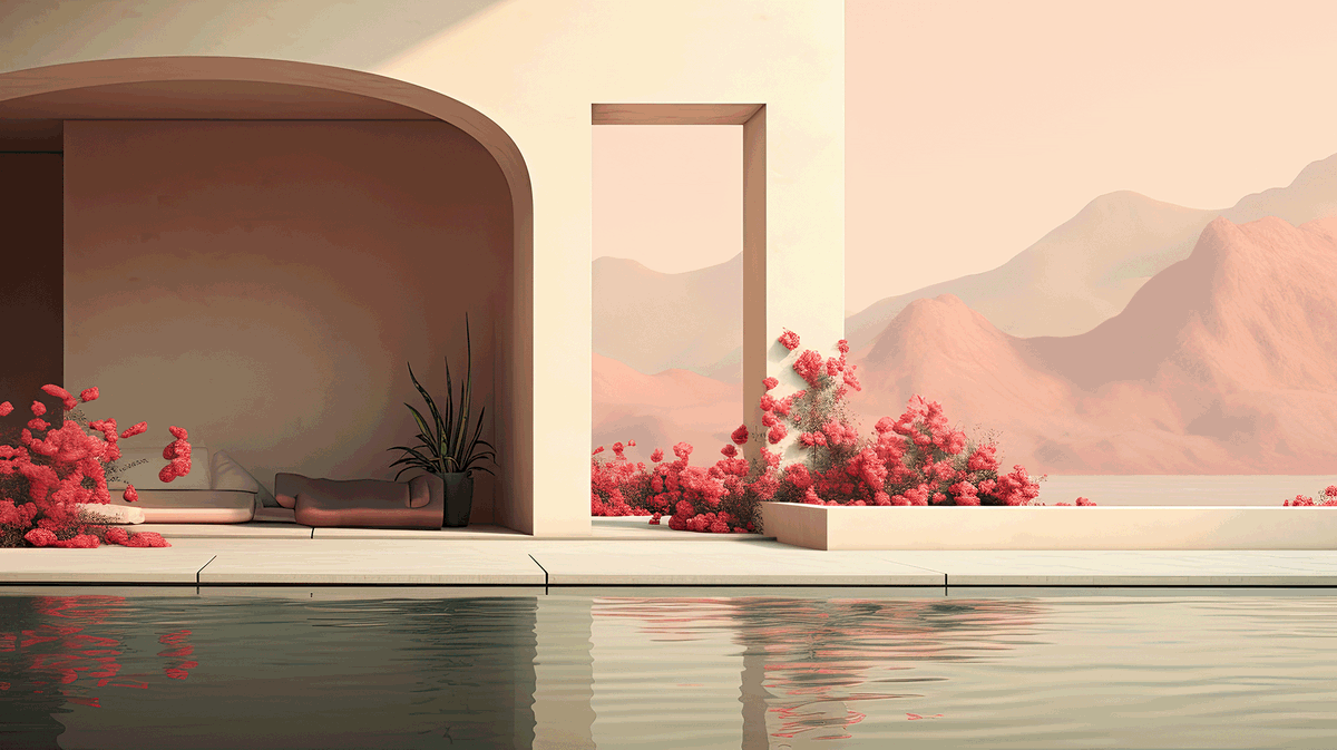 #Midjourney #prompt /imagine: a pink pool in the middle of a desert, in the style of realistic interiors, stylized simplicity, pensive stillness, windows vista, ray tracing, minimalistic serenity, high detail --ar 128:71

#Vegas #Minimalist #Pastel #AI #AIArt #Landscape #Design