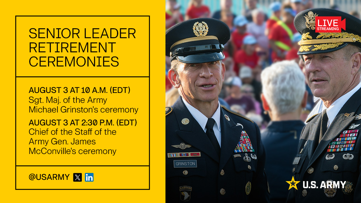Join us tomorrow for the retirements of @USArmySMA Michael Grinston at 10 a.m. (EDT) and @ArmyChiefStaff Gen. James McConville at 2:30 p.m. (EDT).

📺 Watch both ceremonies right here on our account.