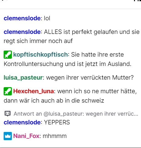 JulianMPlutz's tweet photo. Eine Mutter spricht davon,  dass ihre Tochter einen schlimmen Tumor hatte, der aufgrund des Corona Regimes zunächst nicht behandelt wurde. Mittlerweile geht es ihr gut. Inzwischen lebt die Tochter in der Schweiz. 
Das ist das, was die Mobber von Twitch daraus machen 👇 https://t.co/MVn7lnFzPj