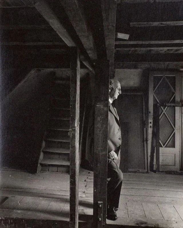 Anne Frank's father, Otto, visits the attic where they hid from the Germans in World War II. He stands alone as he is the only member of his family to have survived the Holocaust, 1960 . 

This picture was taken in 1960 in the Netherlands, where the Frank Family hid from German
