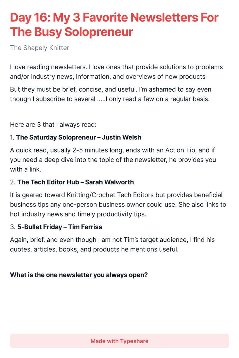 shapelyknitter's tweet image. #ship30for30

Day 16: My 3 Favorite Newsletters For The Busy Solopreneur