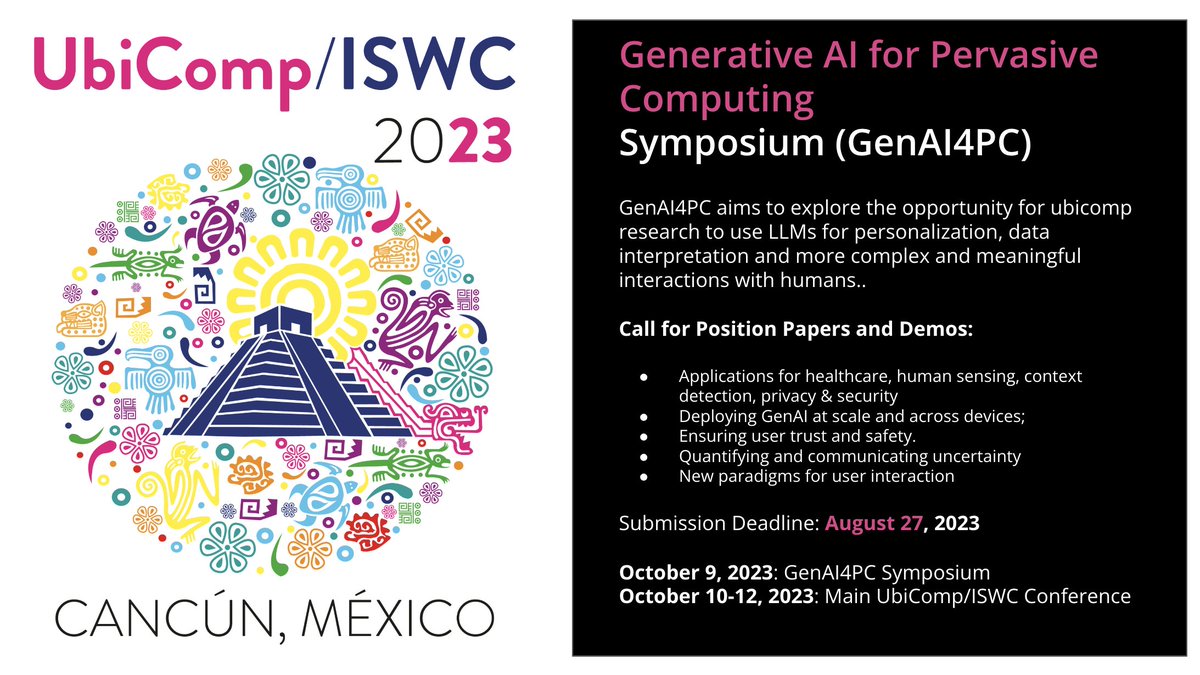 😱 Have you registered for #UbiComp2023 #ISWC2023 yet? Early registration closes Aug 8 🙅

📢 We have one more event to sweeten the deal... the GenAI4PC symposium! #LLMs #GenerativeAI 

Learn more: ubicomp.org/ubicomp-iswc-2…

Register at the best rates NOW: ubicomp.org/ubicomp-iswc-2…